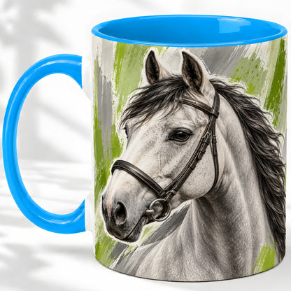 #pl[11oz|Blue] Horse Portrait Accent Mug, Ceramic Mug with Brushstroke Artwork
