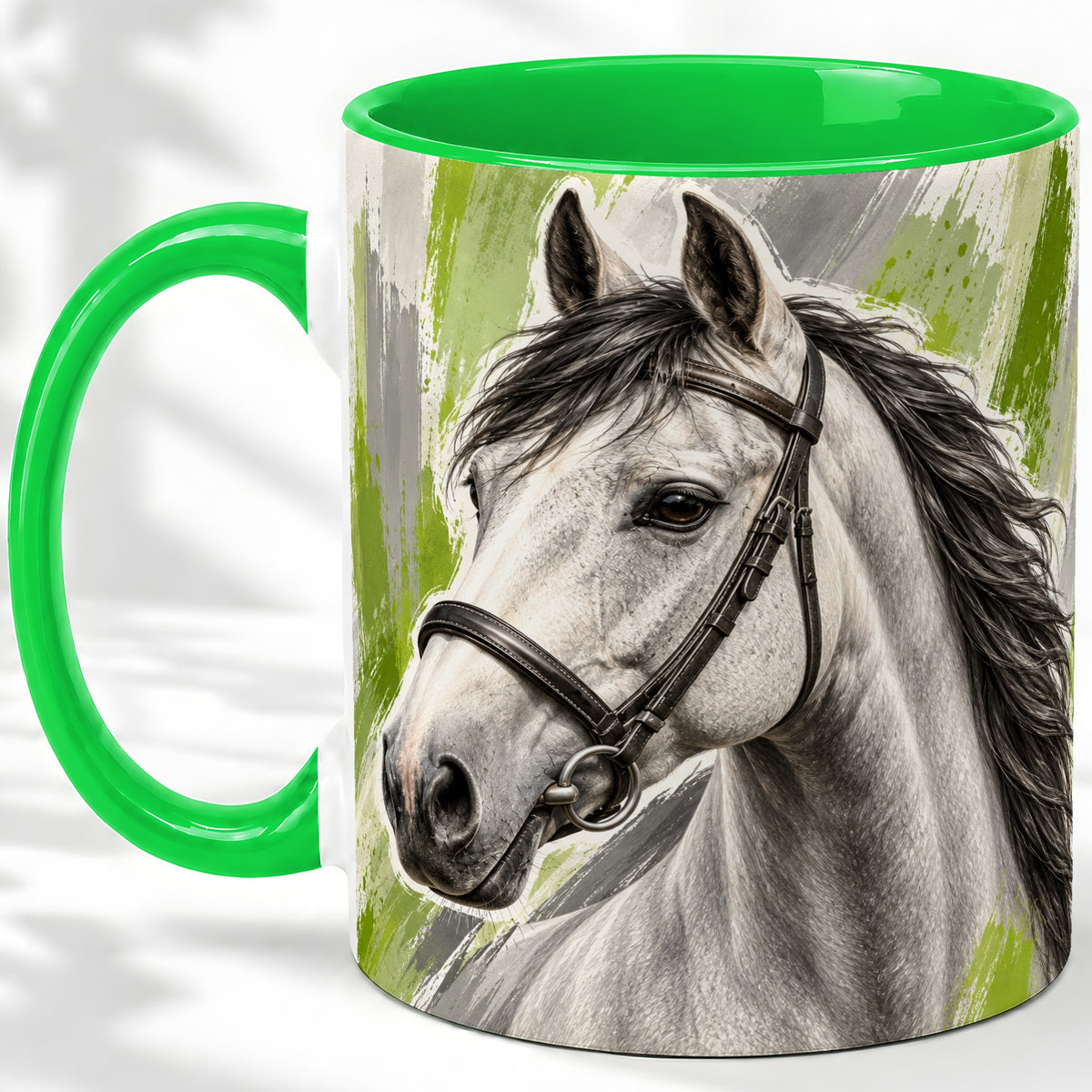 #pl[11oz|Green] Horse Portrait Accent Mug, Ceramic Mug with Brushstroke Artwork