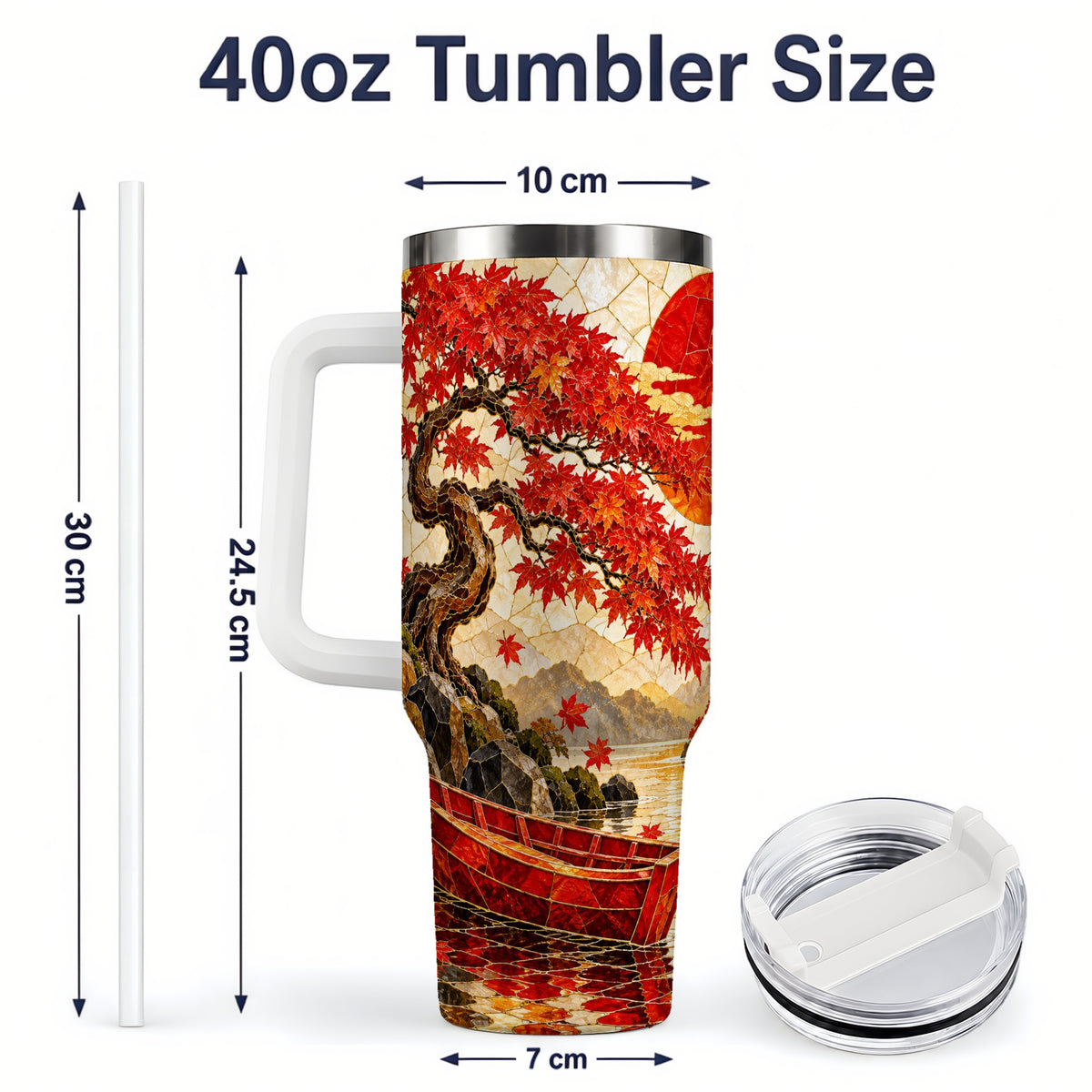 #pl[40oz|White] Japanese Autumn Maple Tumbler, 40oz Lakeside Art Drinkware with Boat