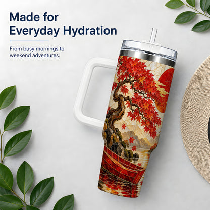 Japanese Autumn Maple Tumbler, 40oz Lakeside Art Drinkware with Boat
