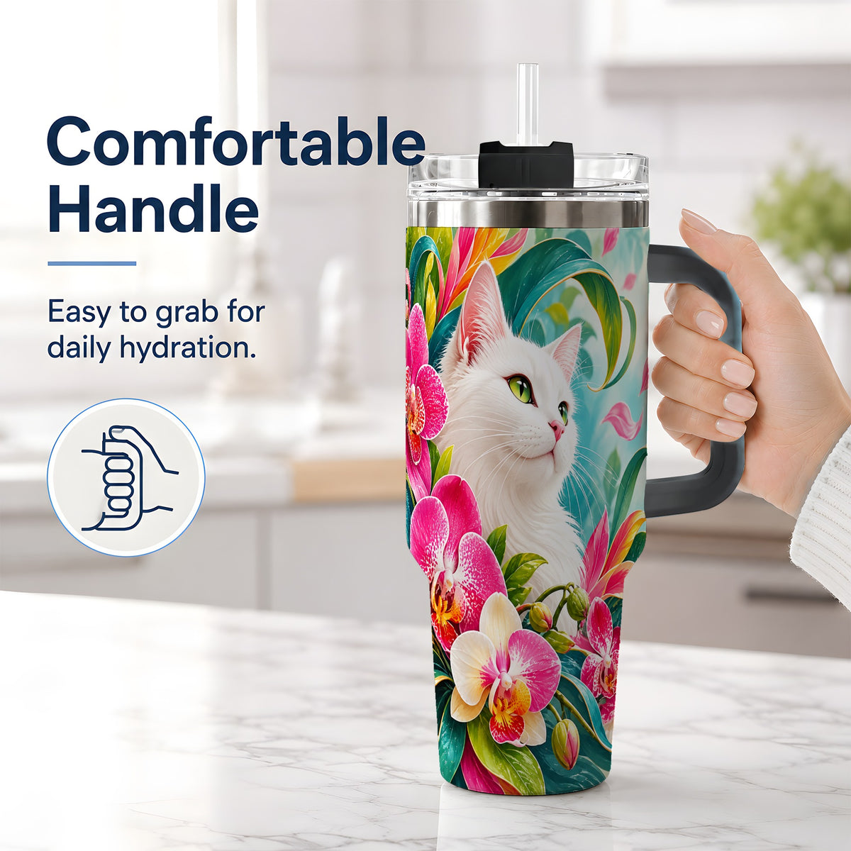 #pl[40oz|Black] Tropical White Cat Tumbler, 40oz Bright Floral Drinkware with Orchids