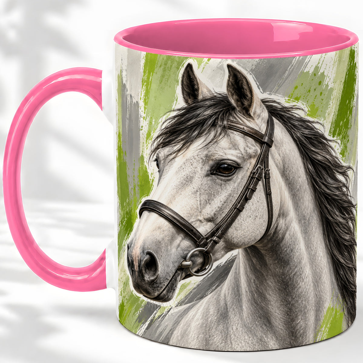 #pl[11oz|Pink] Horse Portrait Accent Mug, Ceramic Mug with Brushstroke Artwork