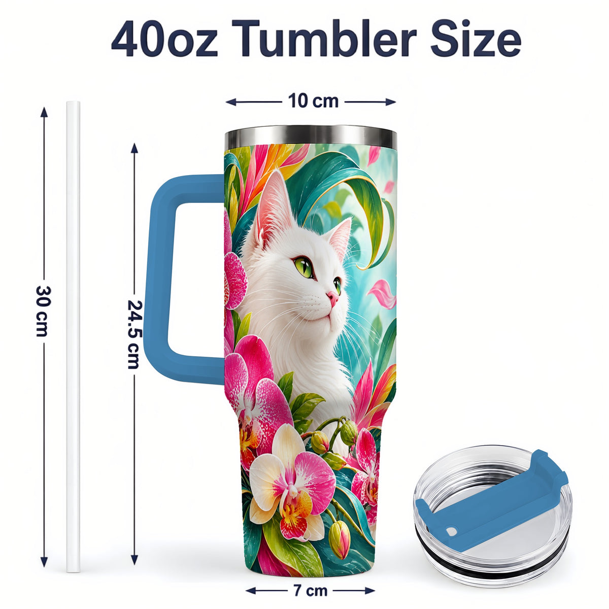 #pl[40oz|Blue] Tropical White Cat Tumbler, 40oz Bright Floral Drinkware with Orchids