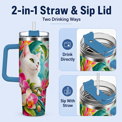 #pl[40oz|Blue] Tropical White Cat Tumbler, 40oz Bright Floral Drinkware with Orchids
