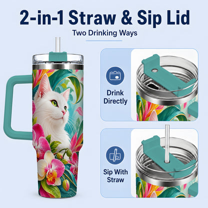 #pl[40oz|Green] Tropical White Cat Tumbler, 40oz Bright Floral Drinkware with Orchids