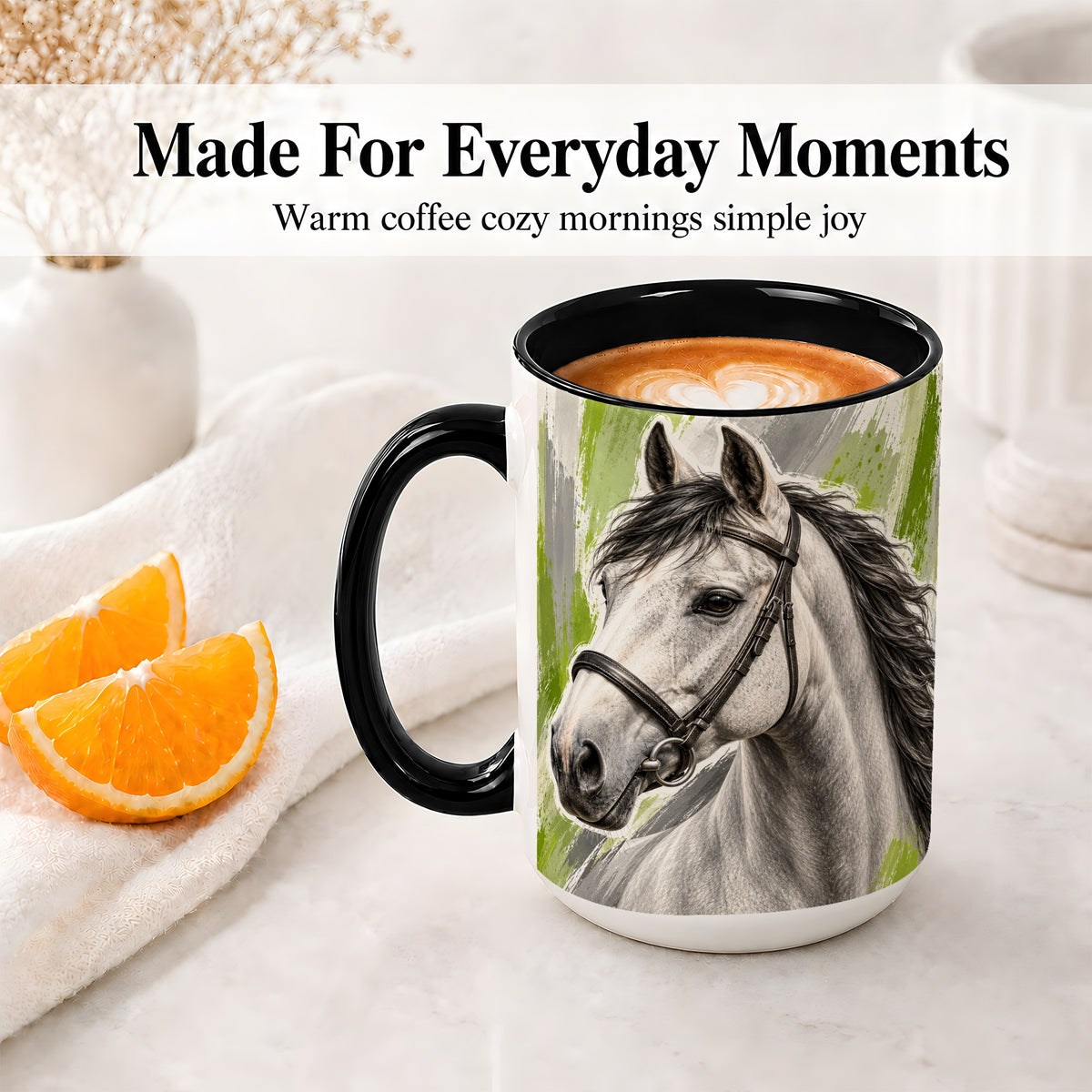 #pl[15oz|Black] Horse Portrait Accent Mug, Ceramic Mug with Brushstroke Artwork