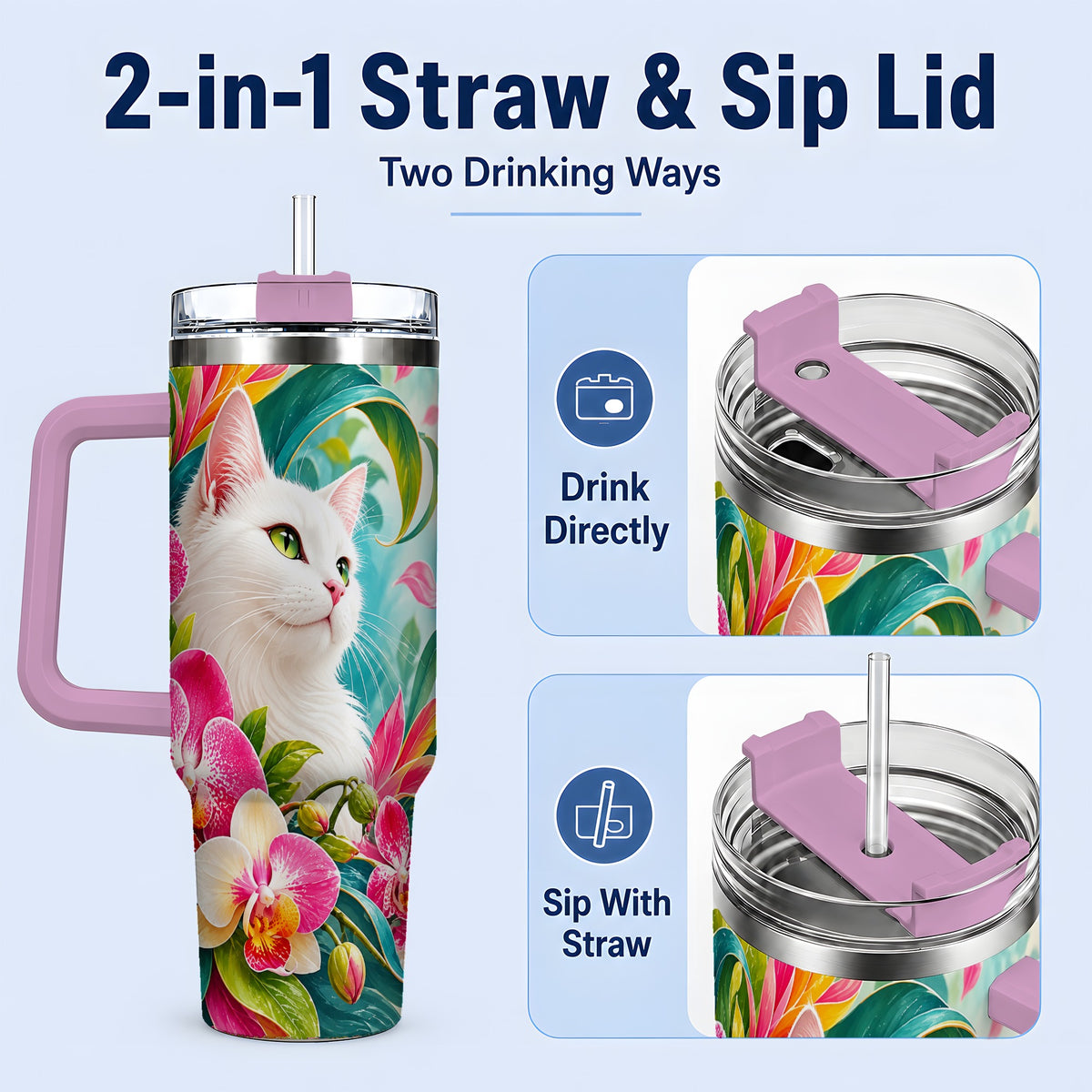 #pl[40oz|Pink] Tropical White Cat Tumbler, 40oz Bright Floral Drinkware with Orchids