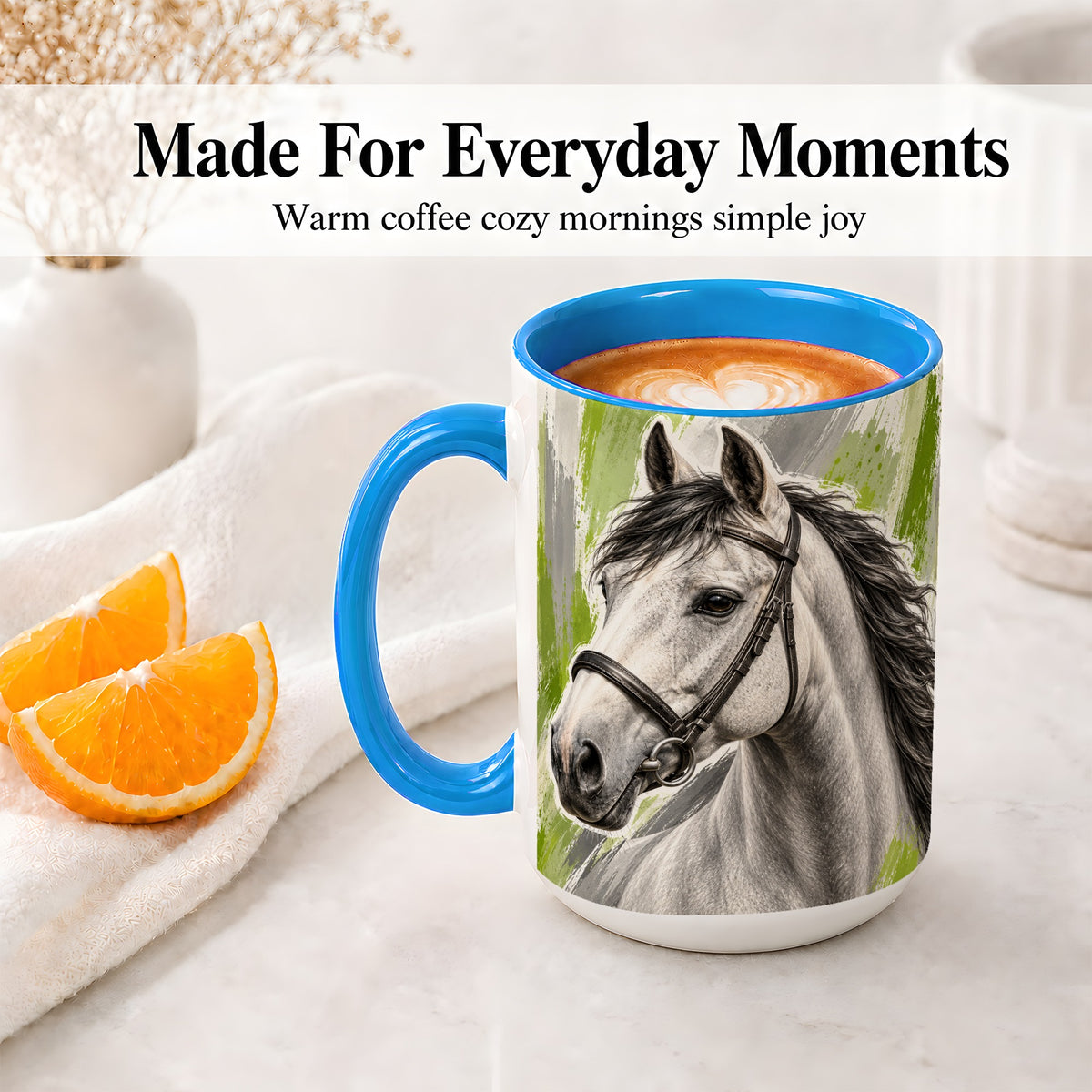 #pl[15oz|Blue] Horse Portrait Accent Mug, Ceramic Mug with Brushstroke Artwork