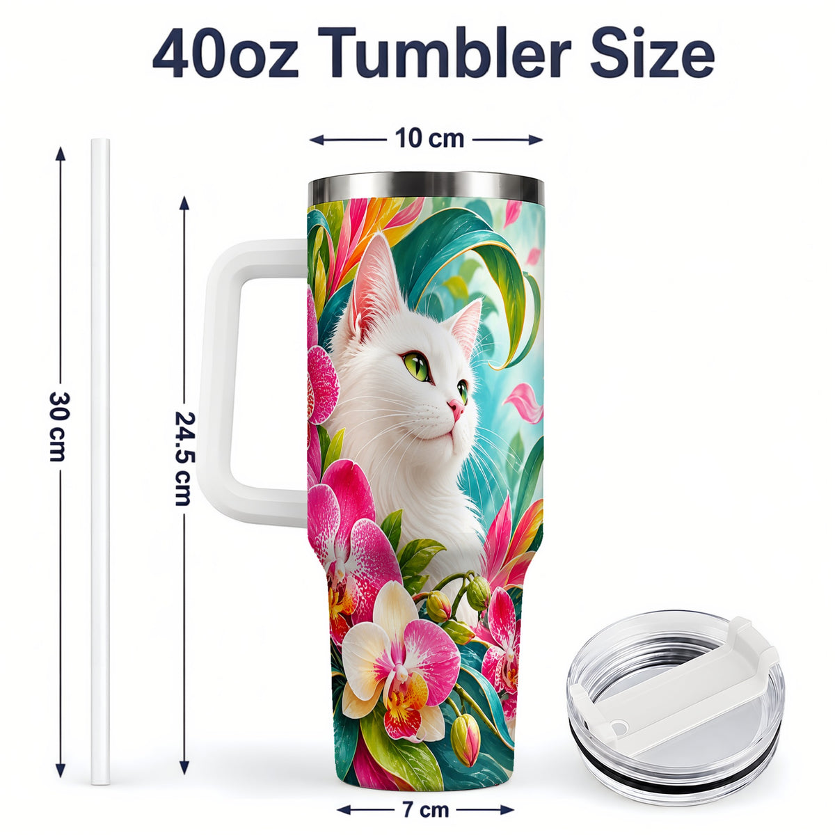 #pl[40oz|White] Tropical White Cat Tumbler, 40oz Bright Floral Drinkware with Orchids