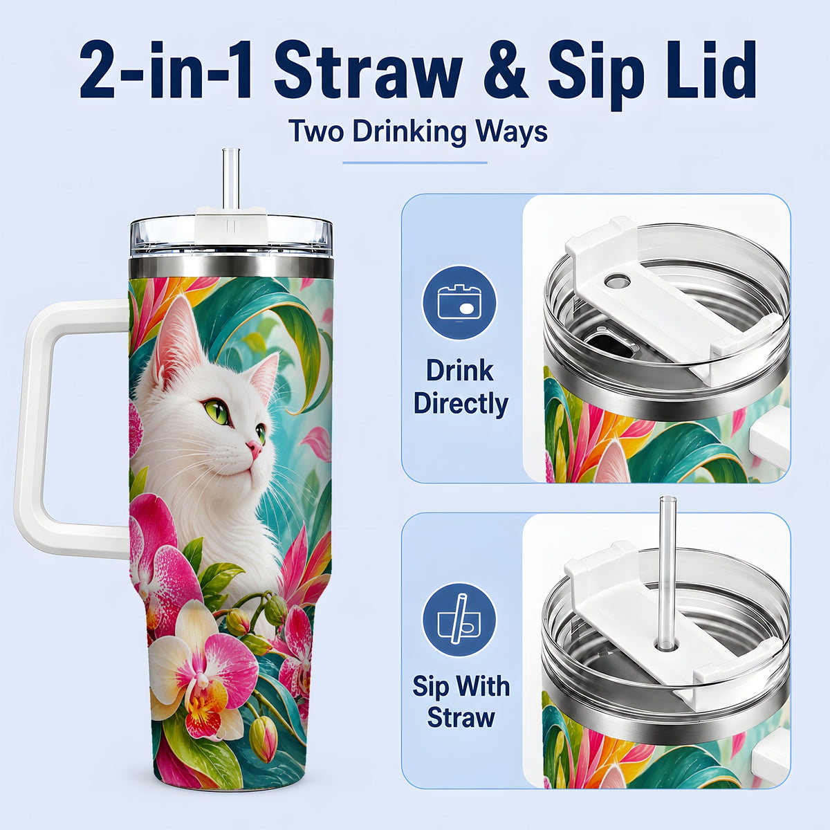 #pl[40oz|White] Tropical White Cat Tumbler, 40oz Bright Floral Drinkware with Orchids
