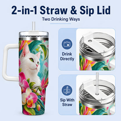 #pl[40oz|White] Tropical White Cat Tumbler, 40oz Bright Floral Drinkware with Orchids