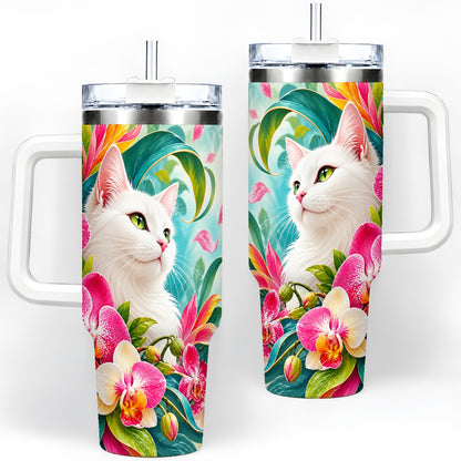 Tropical White Cat Tumbler, 40oz Bright Floral Drinkware with Orchids