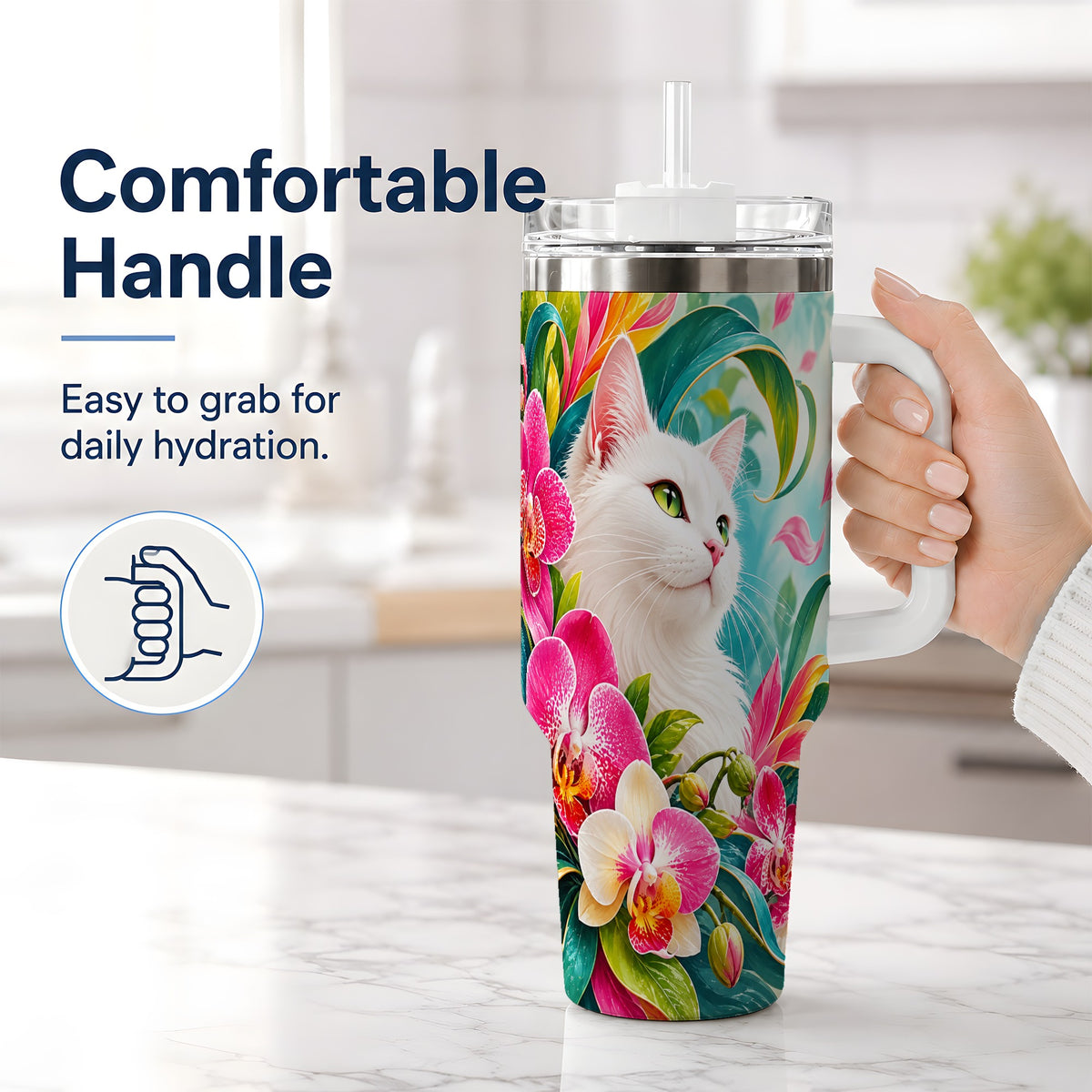 #pl[40oz|White] Tropical White Cat Tumbler, 40oz Bright Floral Drinkware with Orchids