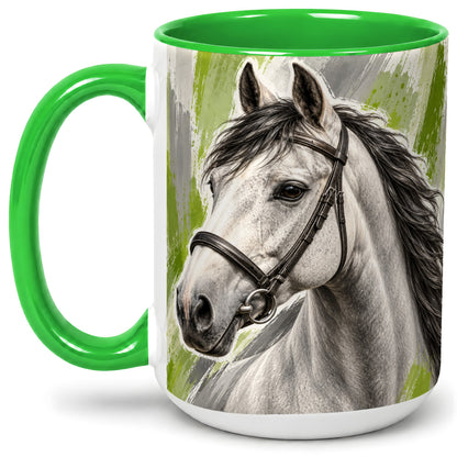 #pl[15oz|Green] Horse Portrait Accent Mug, Ceramic Mug with Brushstroke Artwork