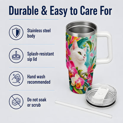 Tropical White Cat Tumbler, 40oz Bright Floral Drinkware with Orchids