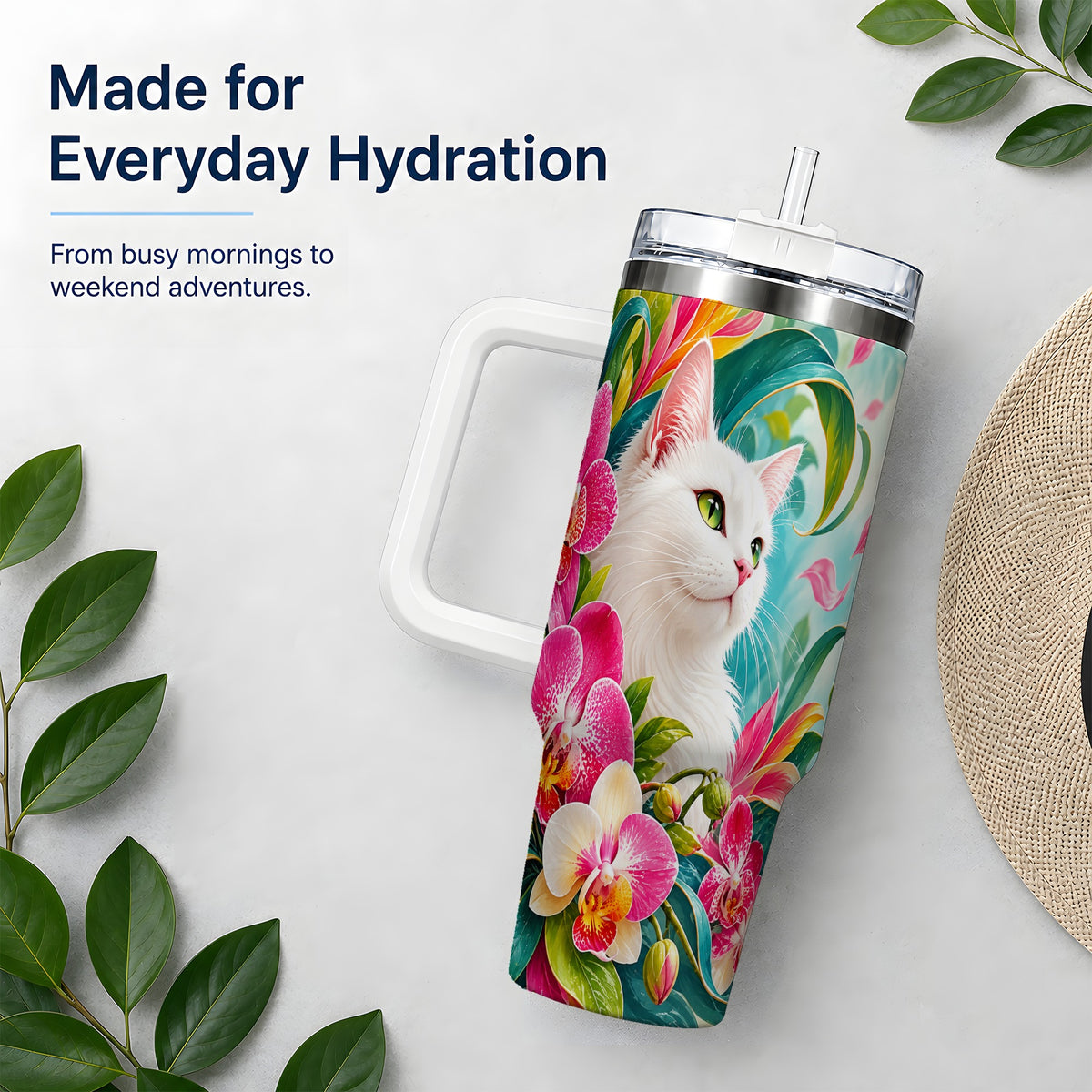 Tropical White Cat Tumbler, 40oz Bright Floral Drinkware with Orchids