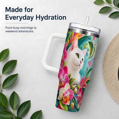 Tropical White Cat Tumbler, 40oz Bright Floral Drinkware with Orchids