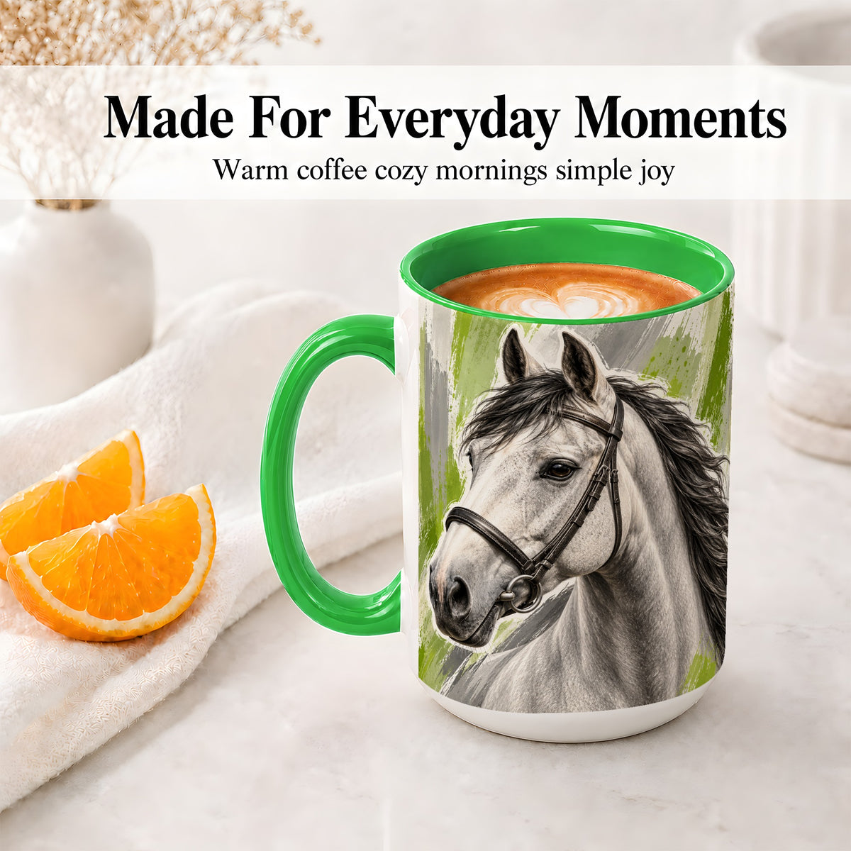 #pl[15oz|Green] Horse Portrait Accent Mug, Ceramic Mug with Brushstroke Artwork
