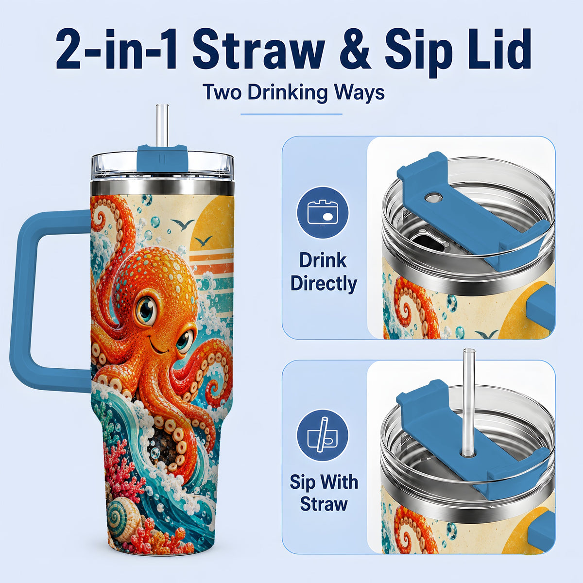 #pl[40oz|Blue] Ocean Octopus Tumbler, 40oz Sea Life Drinkware with Turtle and Coral