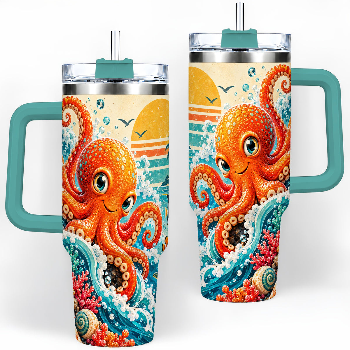 #pl[40oz|Green] Ocean Octopus Tumbler, 40oz Sea Life Drinkware with Turtle and Coral