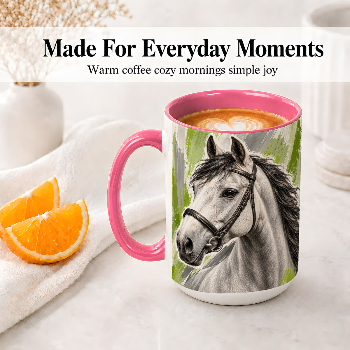 #pl[15oz|Pink] Horse Portrait Accent Mug, Ceramic Mug with Brushstroke Artwork