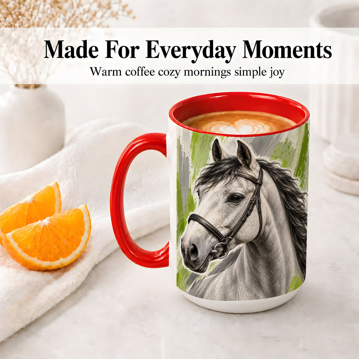 #pl[15oz|Red] Horse Portrait Accent Mug, Ceramic Mug with Brushstroke Artwork