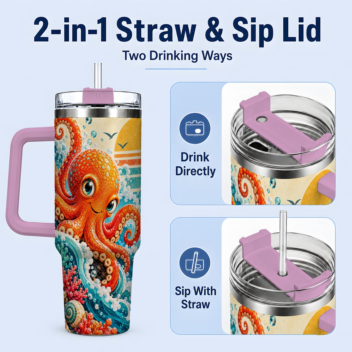 #pl[40oz|Pink] Ocean Octopus Tumbler, 40oz Sea Life Drinkware with Turtle and Coral