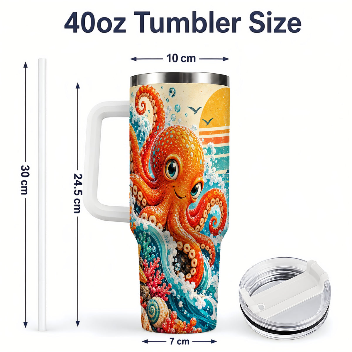 #pl[40oz|White] Ocean Octopus Tumbler, 40oz Sea Life Drinkware with Turtle and Coral