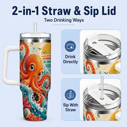 #pl[40oz|White] Ocean Octopus Tumbler, 40oz Sea Life Drinkware with Turtle and Coral