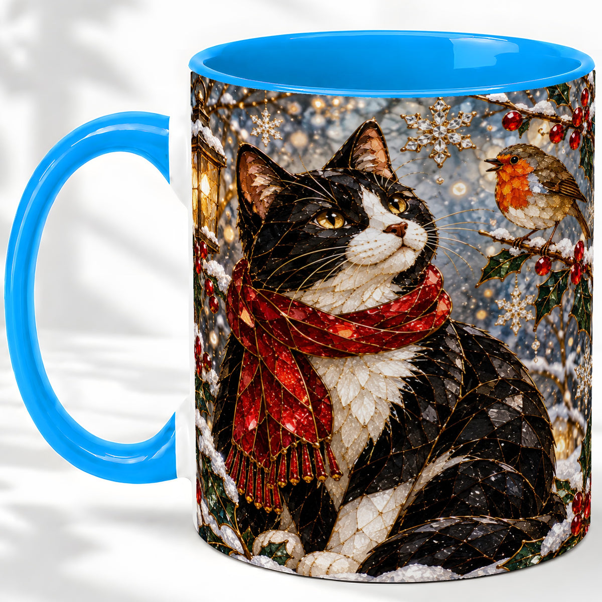 #pl[11oz|Blue] Christmas Cat Ceramic Mug, Stained Glass Style Winter Art