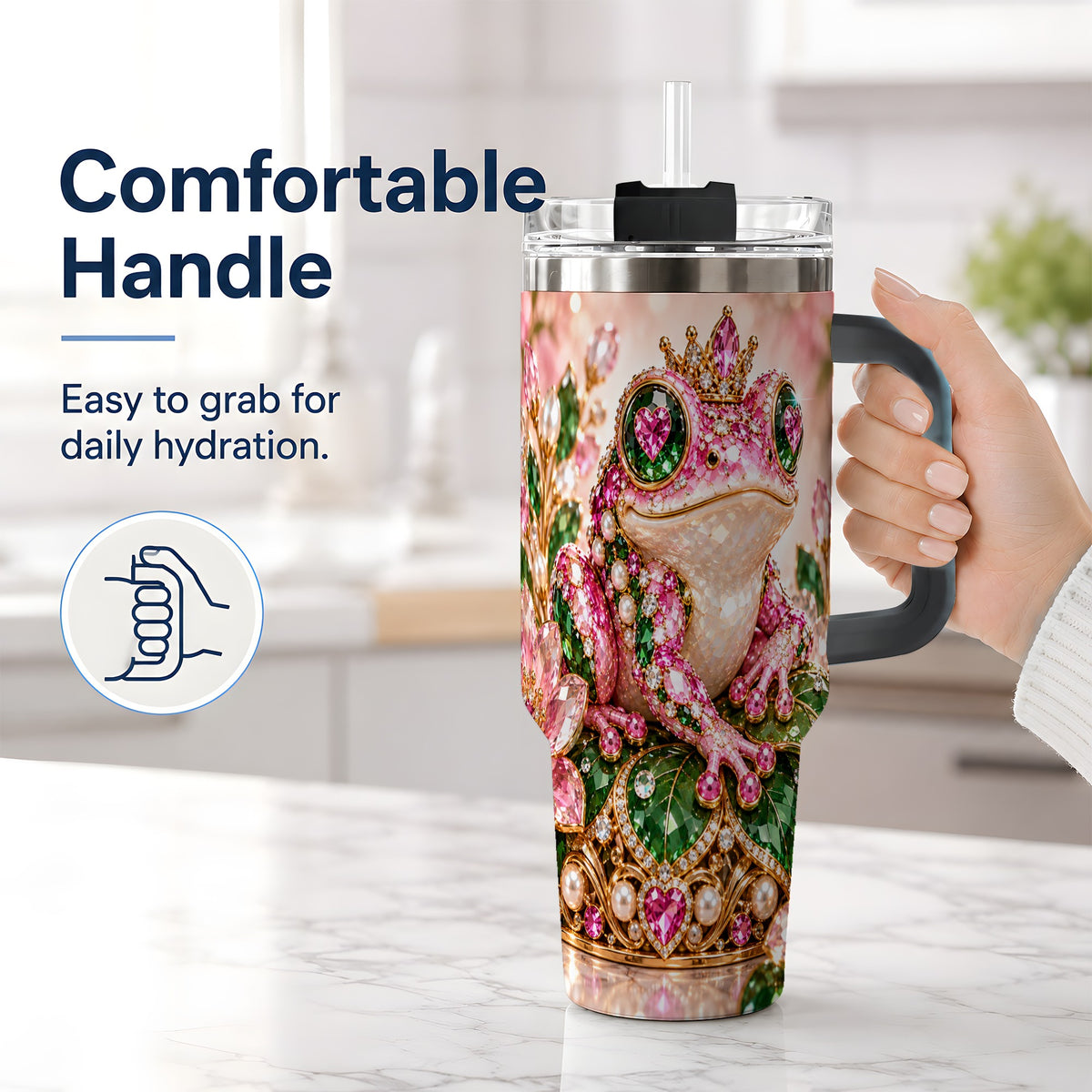 #pl[40oz|Black] Jeweled Frog Tumbler, 40oz Pink Green Gemstone Art Drinkware with Crown