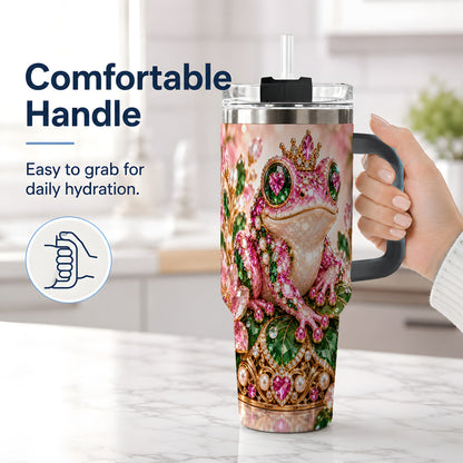 #pl[40oz|Black] Jeweled Frog Tumbler, 40oz Pink Green Gemstone Art Drinkware with Crown