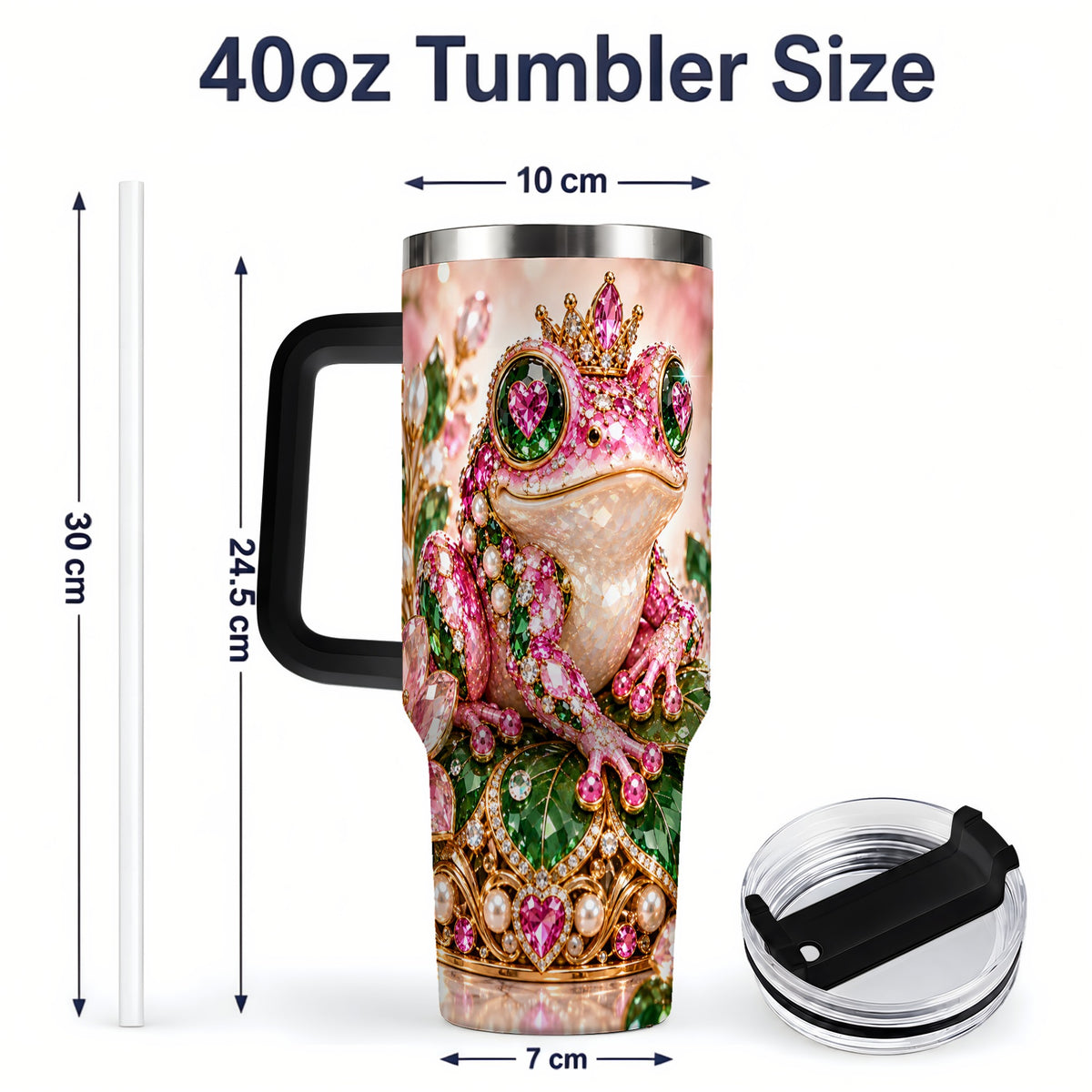 #pl[40oz|Black] Jeweled Frog Tumbler, 40oz Pink Green Gemstone Art Drinkware with Crown