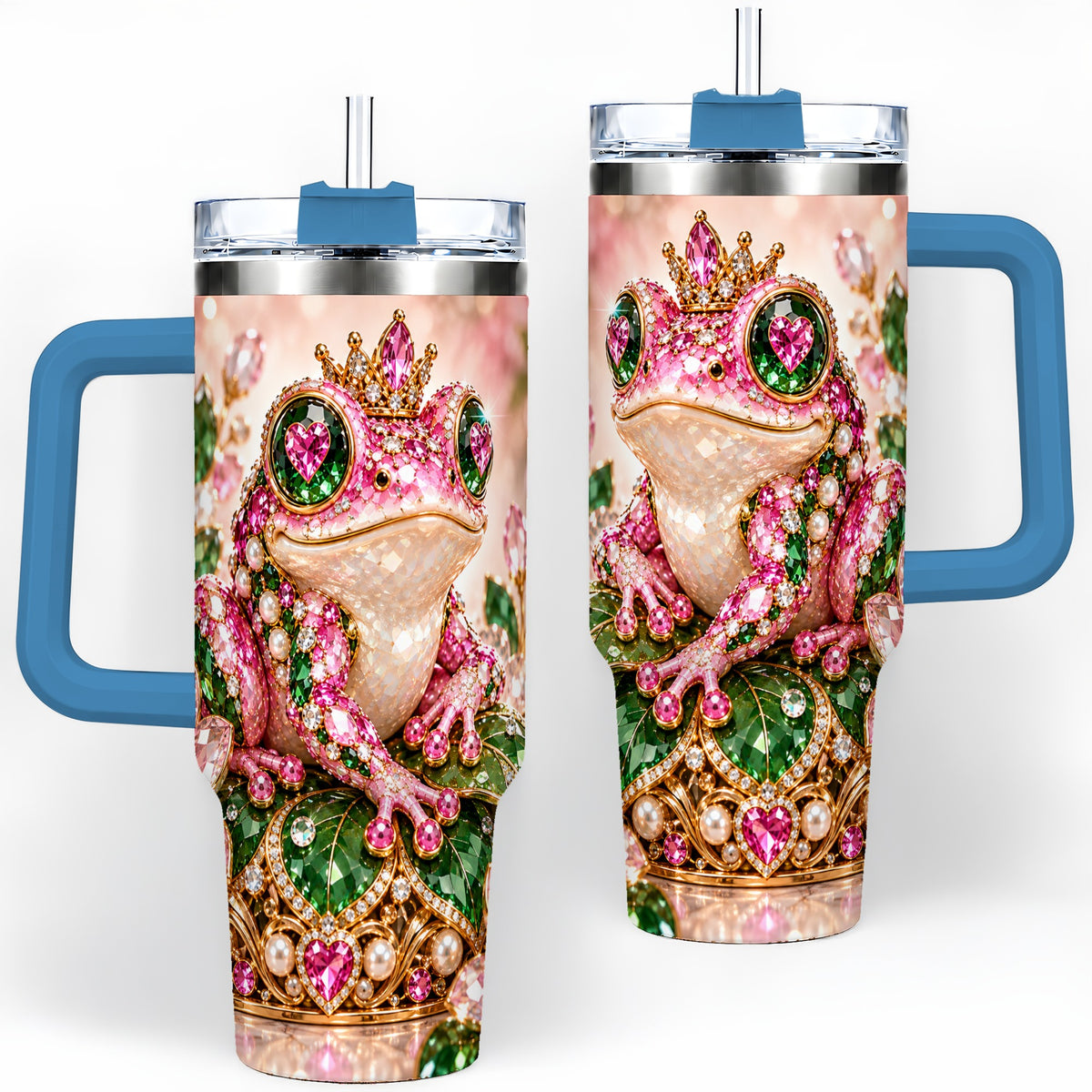 #pl[40oz|Blue] Jeweled Frog Tumbler, 40oz Pink Green Gemstone Art Drinkware with Crown