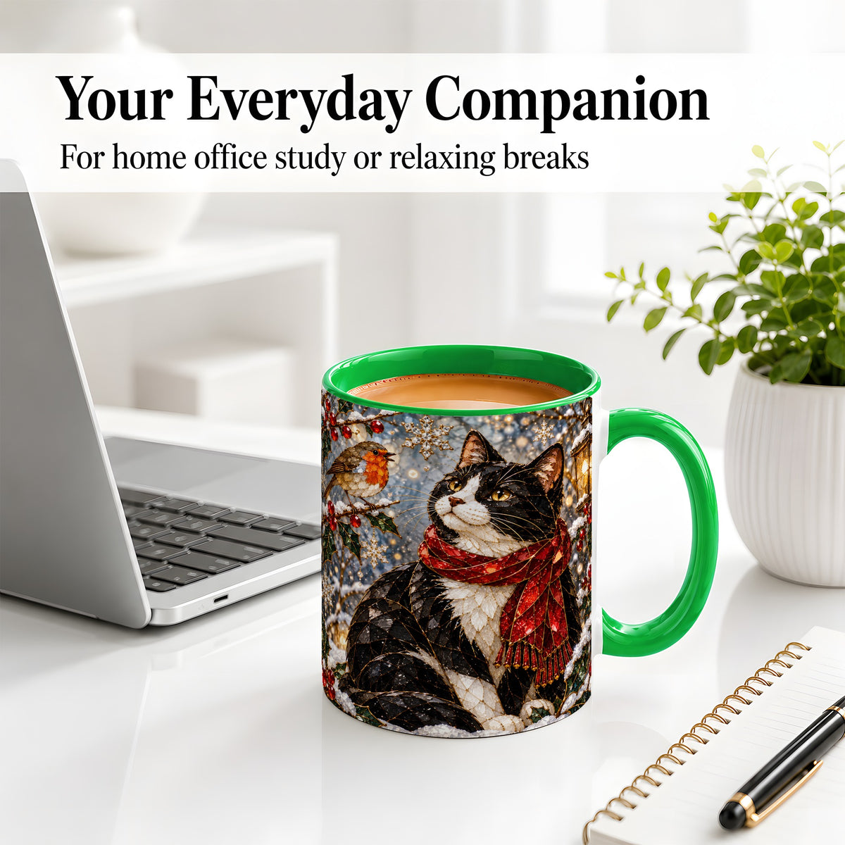 #pl[11oz|Green] Christmas Cat Ceramic Mug, Stained Glass Style Winter Art