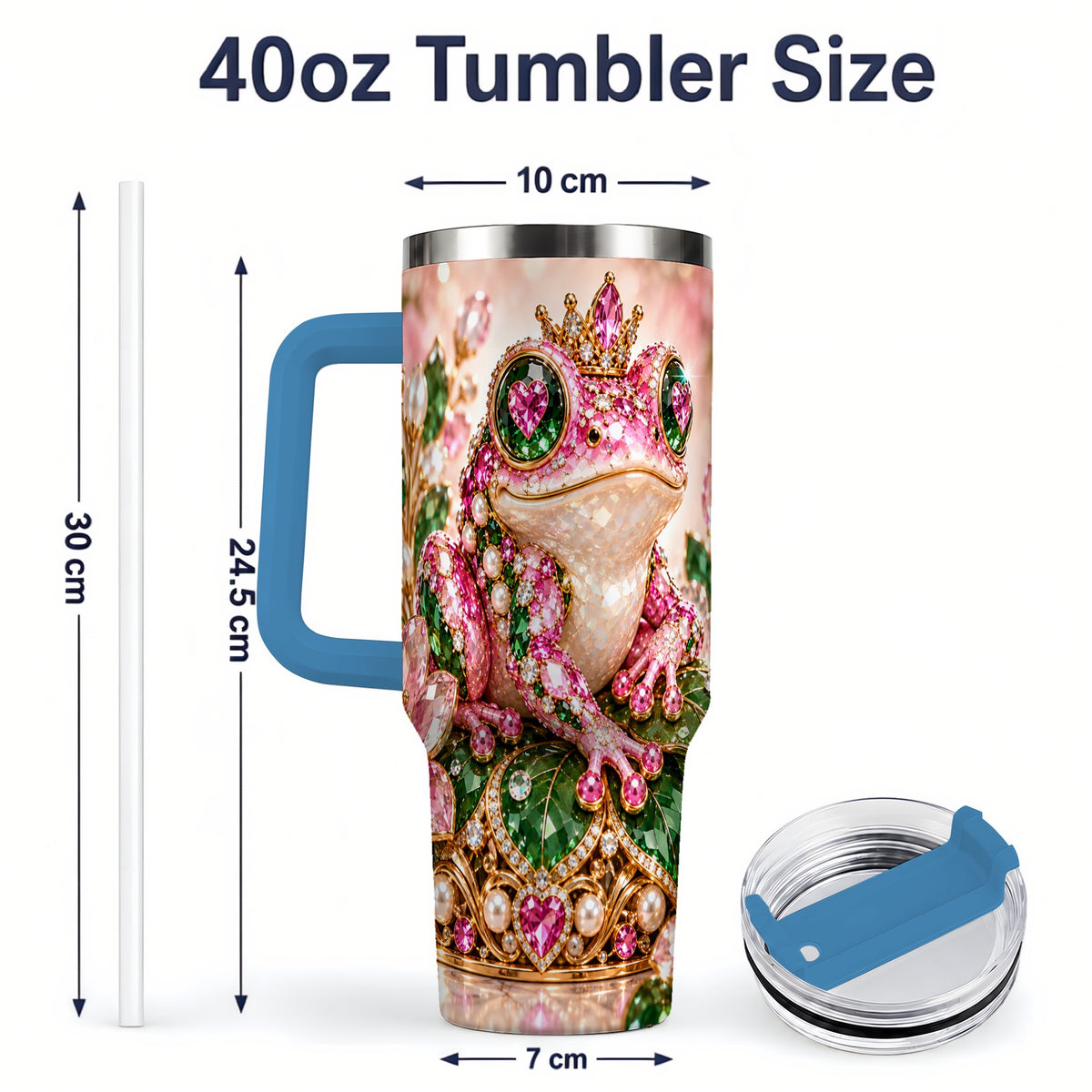 #pl[40oz|Blue] Jeweled Frog Tumbler, 40oz Pink Green Gemstone Art Drinkware with Crown