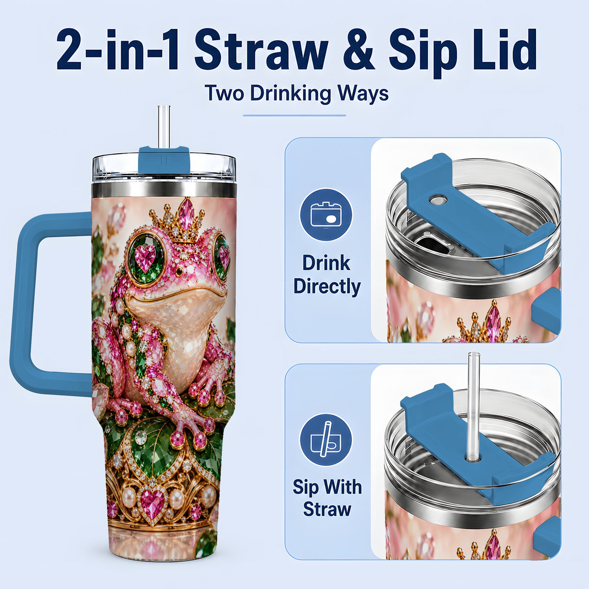 #pl[40oz|Blue] Jeweled Frog Tumbler, 40oz Pink Green Gemstone Art Drinkware with Crown