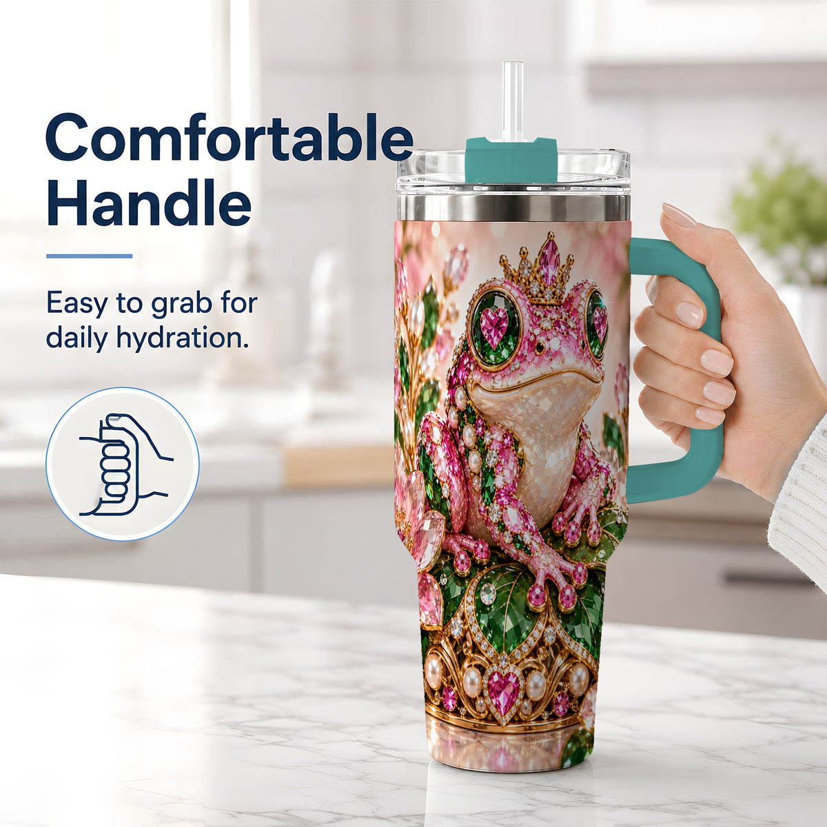 #pl[40oz|Green] Jeweled Frog Tumbler, 40oz Pink Green Gemstone Art Drinkware with Crown