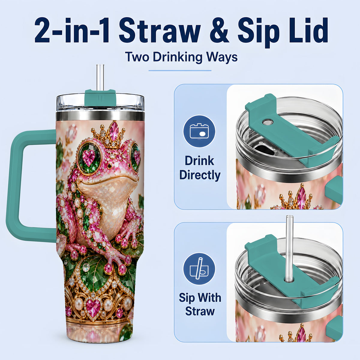 #pl[40oz|Green] Jeweled Frog Tumbler, 40oz Pink Green Gemstone Art Drinkware with Crown