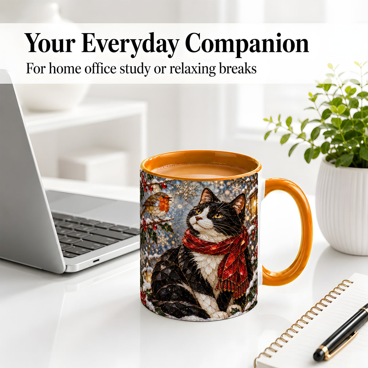 #pl[11oz|Orange] Christmas Cat Ceramic Mug, Stained Glass Style Winter Art