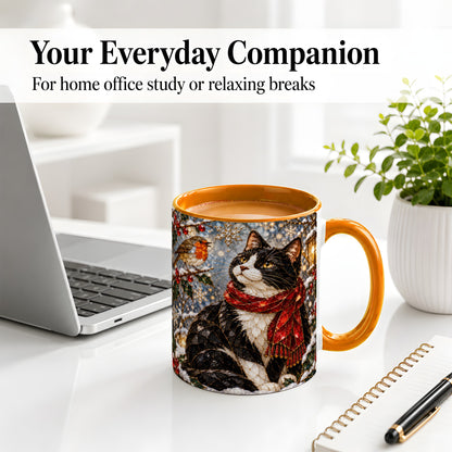#pl[11oz|Orange] Christmas Cat Ceramic Mug, Stained Glass Style Winter Art