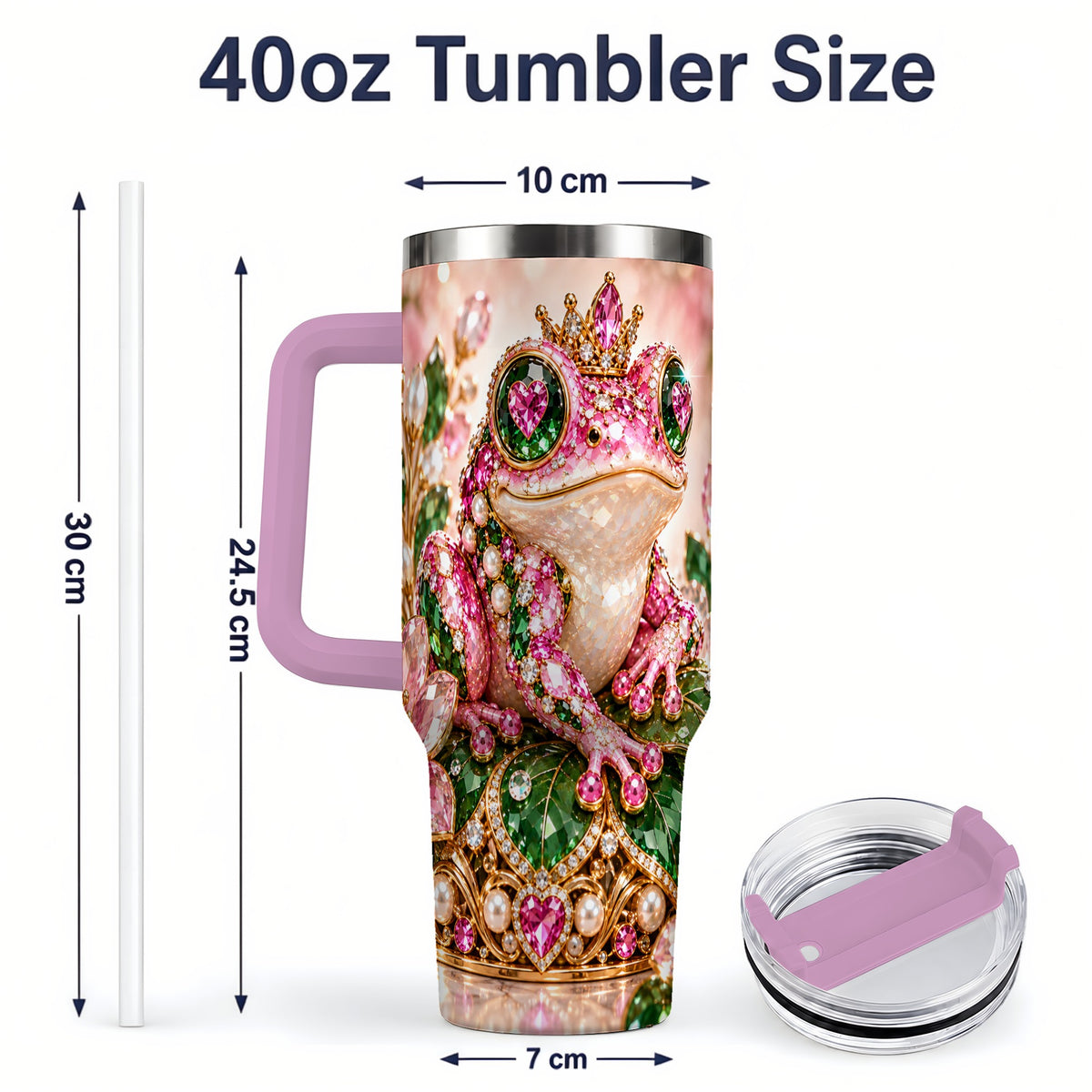 #pl[40oz|Pink] Jeweled Frog Tumbler, 40oz Pink Green Gemstone Art Drinkware with Crown