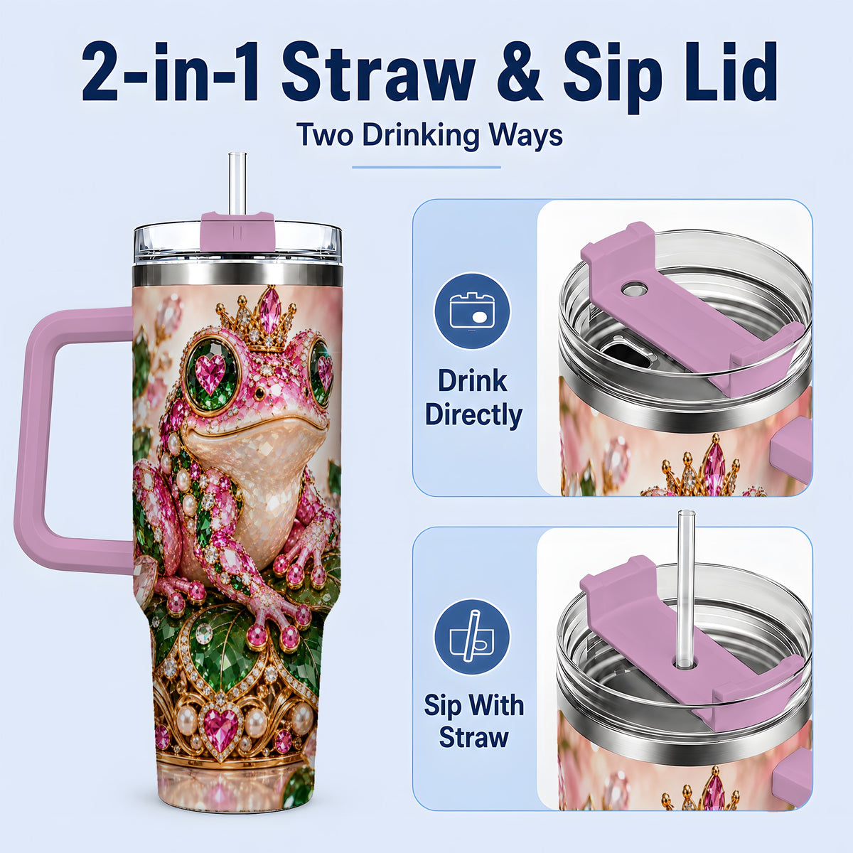#pl[40oz|Pink] Jeweled Frog Tumbler, 40oz Pink Green Gemstone Art Drinkware with Crown