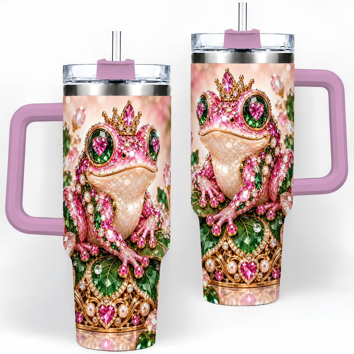 #pl[40oz|Pink] Jeweled Frog Tumbler, 40oz Pink Green Gemstone Art Drinkware with Crown
