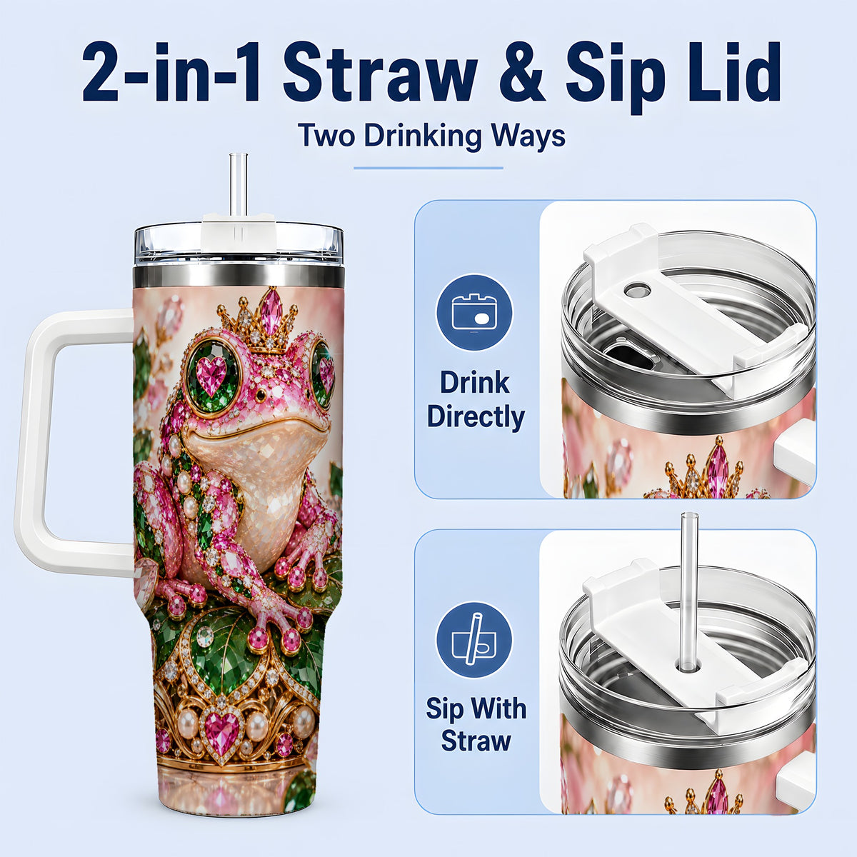 #pl[40oz|White] Jeweled Frog Tumbler, 40oz Pink Green Gemstone Art Drinkware with Crown