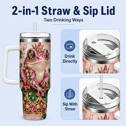 #pl[40oz|White] Jeweled Frog Tumbler, 40oz Pink Green Gemstone Art Drinkware with Crown