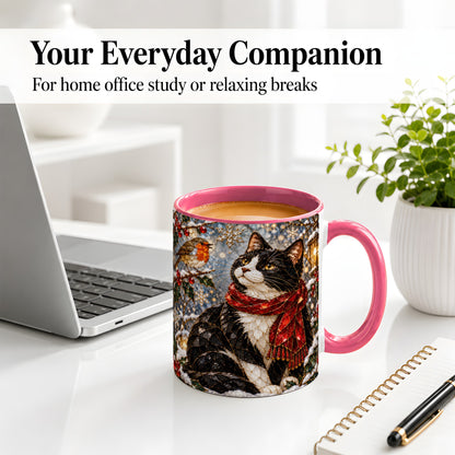 #pl[11oz|Pink] Christmas Cat Ceramic Mug, Stained Glass Style Winter Art
