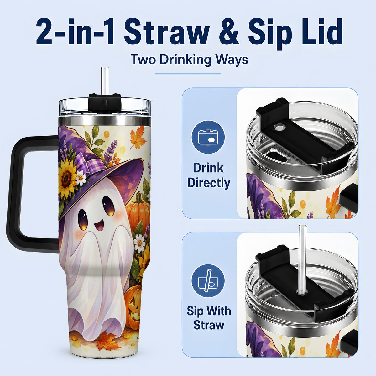 #pl[40oz|Black] Cute Halloween Ghost Tumbler, 40oz Pumpkin and Sunflower Drinkware