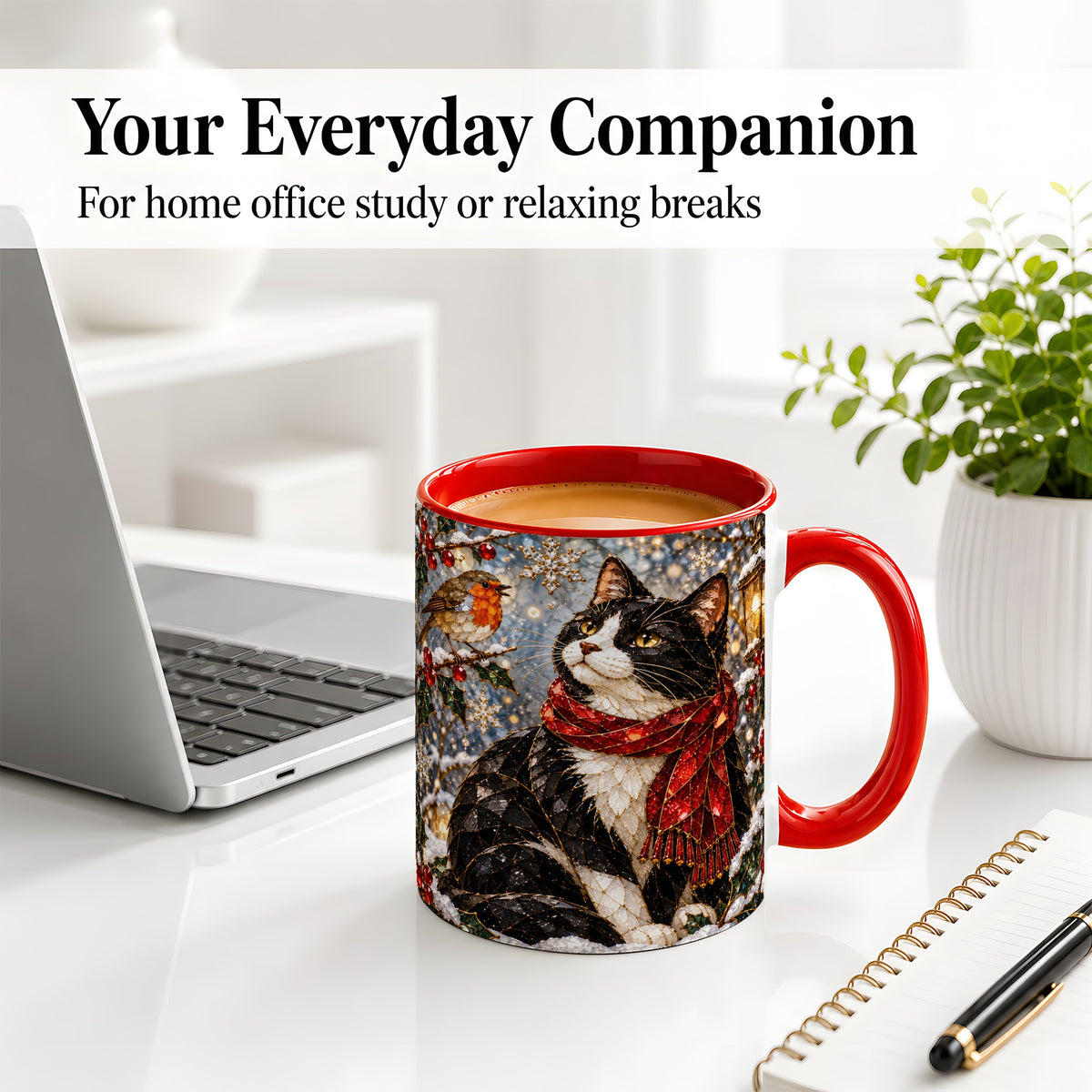 #pl[11oz|Red] Christmas Cat Ceramic Mug, Stained Glass Style Winter Art