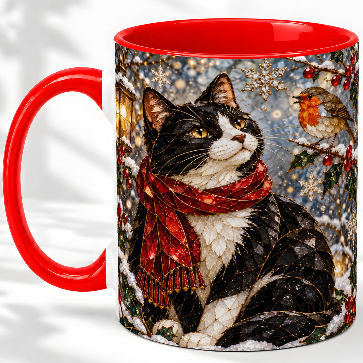 Christmas Cat Ceramic Mug, Stained Glass Style Winter Art